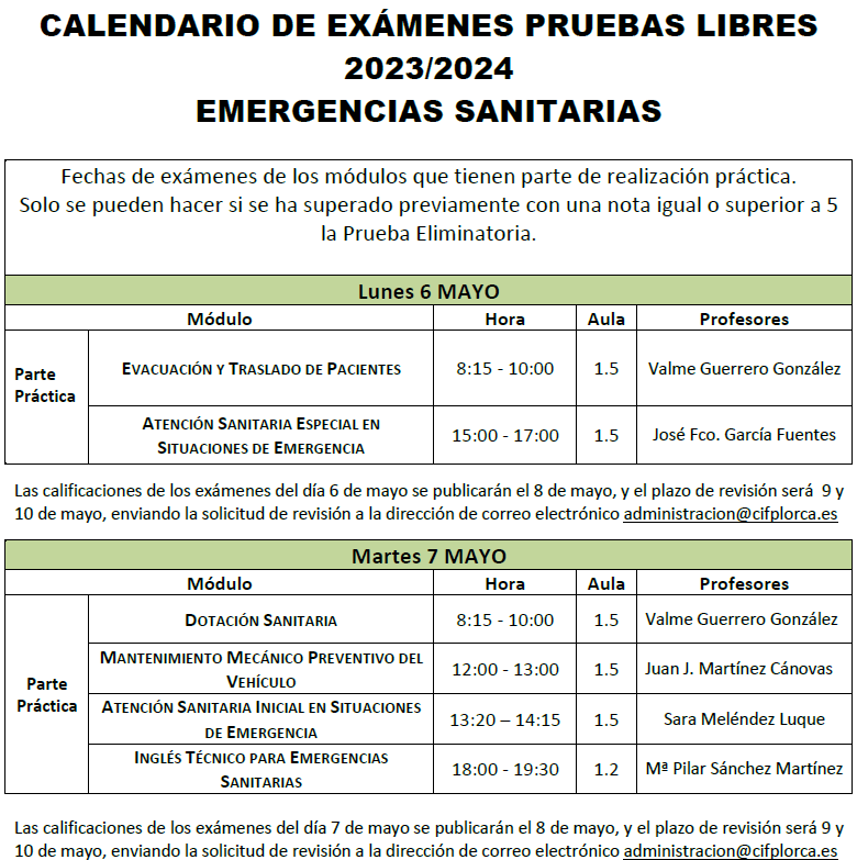 Calendario de exámenes prácticos pruebas libres